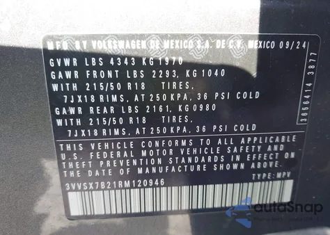 2024 Volkswagen Taos 1.5T Se из США, поврежденный, VIN 3VVSX7B21RM120946